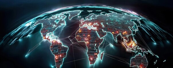 Poster - A digital representation of Earth, showcasing interconnected data points across continents, symbolizing global networking and technology.