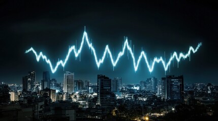 Poster - A digital skyline at night with a fluctuating blue line graph overlay, symbolizing data trends against a city backdrop.