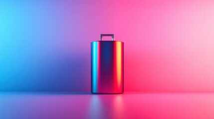Poster - A sleek metallic container stands against a vibrant gradient background of blue and pink, creating a striking visual contrast.