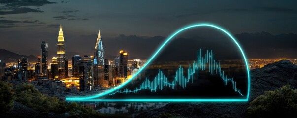 Poster - A digital cityscape at night with a glowing data graph overlay, highlighting trends and analytics against a backdrop of skyscrapers.