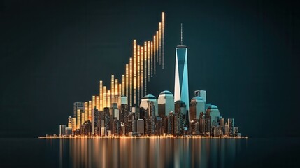 Poster - A futuristic city skyline with vibrant bars illustrating growth, symbolizing financial success and urban development.
