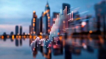Poster - A blurred city skyline with glowing lights, overlaid by a stylized financial chart, symbolizes growth and investment in an urban environment.