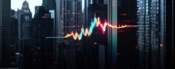 Poster - A vibrant stock market graph overlays a cityscape, symbolizing financial trends and urban life.