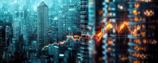 Poster - A futuristic city skyline with towering skyscrapers and a glowing financial graph overlay, symbolizing urban growth and economic trends.