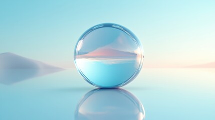Poster - A serene glass sphere reflects a tranquil landscape, emphasizing calmness and clarity in a soft, pastel-colored environment.