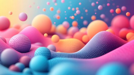 Poster - A vibrant, abstract landscape of colorful spheres and smooth waves, creating an engaging visual experience with a blend of pink, blue, and orange hues.