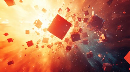 Poster - An explosion of colorful cubes in a cosmic setting, depicting a vibrant interplay of light and motion in space.