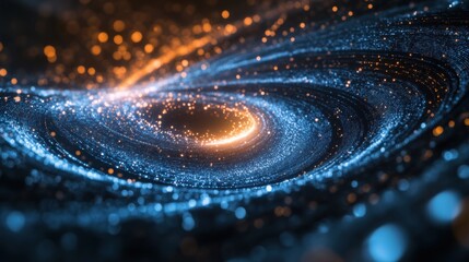 Poster - A mesmerizing cosmic swirl of blue and orange particles, resembling a galaxy filled with sparkling stars and energy.