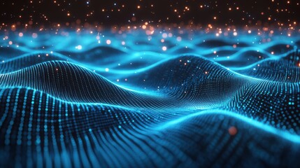 Poster - A mesmerizing digital landscape featuring flowing blue waves and shimmering particles, creating a futuristic, tech-inspired atmosphere.