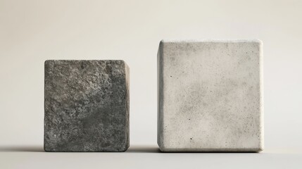 Poster - Two concrete blocks, one dark and textured, the other light and smooth, set against a neutral background, showcasing contrasting materials and finishes.