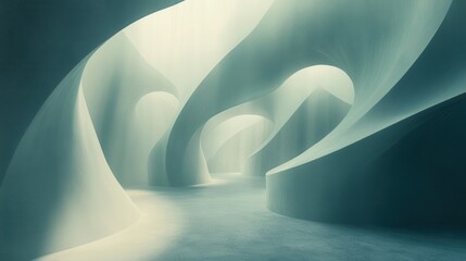 Poster - A surreal, abstract interior space featuring smooth, flowing forms and soft lighting that creates a tranquil and otherworldly atmosphere.
