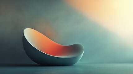 Poster - A sleek, modern lounge chair rests against a textured wall, bathed in soft, warm light, creating a serene and minimalist atmosphere.