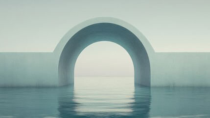 Poster - a serene, minimalist scene featuring a large archway above tranquil water, evoking feelings of calmn