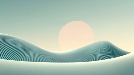 Poster - A serene landscape featuring smooth, wavy contours against a soft backdrop, with a large sun rising or setting in the distance.