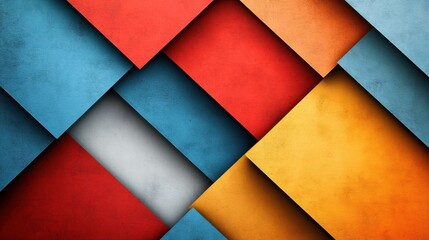 Poster - A vibrant abstract composition of overlapping geometric shapes in blue, red, yellow, and orange, creating a dynamic visual texture.
