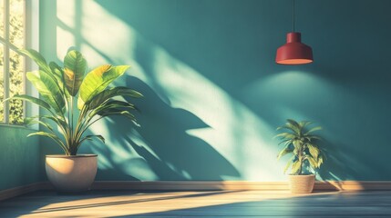 Poster - a serene indoor space featuring vibrant plants and a stylish pendant lamp, bathed in natural light w