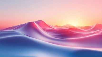 Poster - a serene landscape of colorful, wavy hills under a soft gradient sky at sunrise, creating a tranquil
