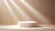 © Newleks - Minimalist white cylinder podium illuminated by spotlights, casting dramatic shadows on neutral beige background for sleek product showcasing