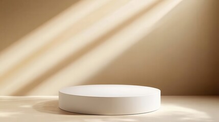 Poster - White cylinder podium standing on beige background, soft window light creating elegant shadows, highlighting minimalist display surface for premium product presentation