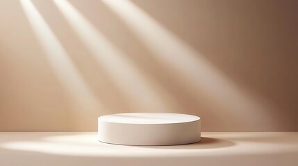 Poster - Minimalist white cylinder podium illuminated by spotlights, casting dramatic shadows on neutral beige background for sleek product showcasing