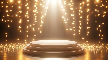 Poster - Golden spotlights highlighting circular display platform, radiating luxury with blurred luminous background for sophisticated product showcase