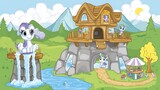 Charming pony village nestled in a mountainous landscape.