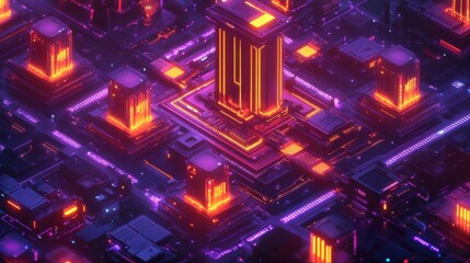 Poster - A vibrant, futuristic cityscape of glowing buildings and circuits, showcasing a high-tech, digital environment with neon lights.