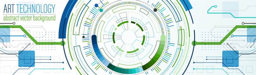 Poster - Abstraction on the theme of tech circles. Scientific and technological background.  The layout of the text placement is shown.