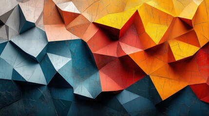 Poster - A vibrant abstract composition featuring jagged, geometric shapes in shades of blue, orange, red, and gray.
