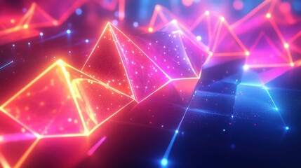 Poster - A vibrant, abstract digital artwork featuring glowing pyramids and geometric shapes in shades of pink and blue against a dark background.