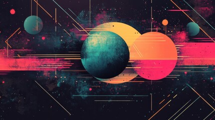 Poster - A vibrant abstract representation of planets and geometric shapes against a dark background, showcasing a cosmic theme with bold colors and dynamic lines.