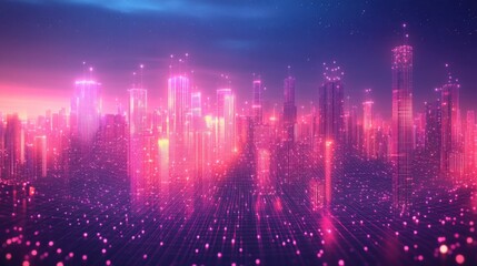 Poster - A vibrant, futuristic city skyline illuminated in pink and purple hues, showcasing a digital landscape filled with glowing skyscrapers.