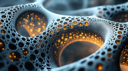 Poster - An abstract image featuring intricate patterns of interconnected spheres with glowing centers, creating a mesmerizing three-dimensional effect.