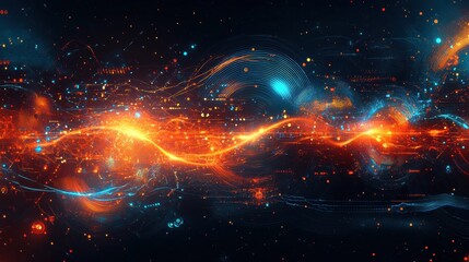 Poster - A vibrant, abstract representation of digital waves, featuring glowing orange and blue lines against a dark backdrop, symbolizing technology and connectivity.