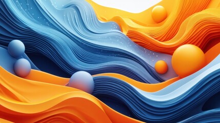 Poster - A vibrant abstract design featuring flowing waves in blue and orange tones, complemented by spherical shapes, creating an energetic and dynamic visual effect.