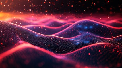 Poster - A vibrant, abstract representation of waves, featuring dynamic colors and glowing particles, creating a sense of motion and depth in a digital space.