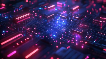 Poster - A vibrant, close-up view of a circuit board with glowing components in blue and pink hues, showcasing technological complexity and innovation.