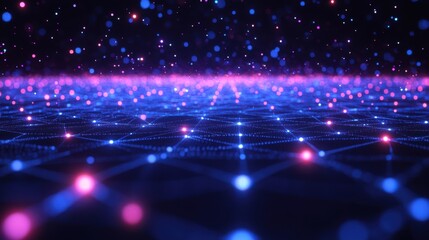 Poster - A vibrant digital landscape filled with glowing points of light, creating a mesmerizing net-like pattern against a dark background.