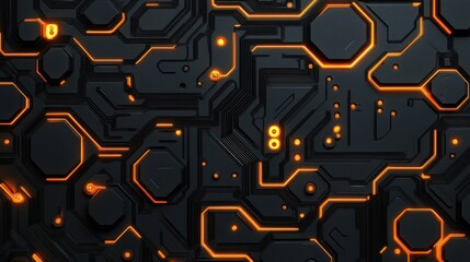 Poster - A sleek, dark circuit board design featuring interconnected lines and glowing orange accents, suggesting technology and innovation.