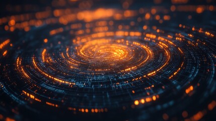 Poster - A swirling pattern of glowing orange and blue lights, resembling a cosmic vortex or digital data visualization.