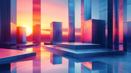 Poster - A vibrant sunset reflects on sleek, futuristic structures, creating a surreal landscape with geometric forms and a serene atmosphere.