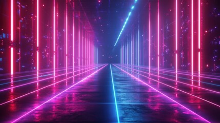 Poster - A futuristic corridor illuminated by vivid neon lights, creating a vibrant and immersive digital atmosphere.