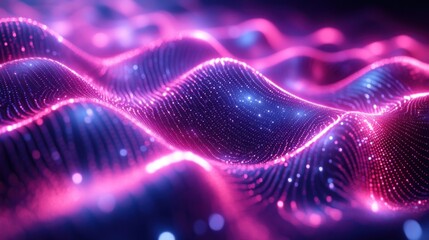 Poster - A vibrant, abstract wave of pink and blue light, creating a mesmerizing visual of flowing patterns and sparkling dots.
