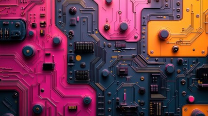 Poster - A vibrant close-up of a circuit board featuring intricate pathways and colorful components in shades of pink, blue, and orange.
