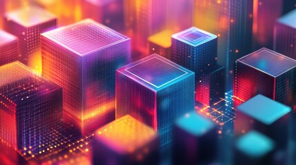 Poster - A vibrant, abstract representation of digital cubes and structures, showcasing a mix of colors and geometric patterns in a futuristic setting.