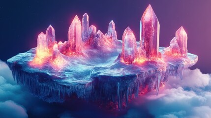 Poster - a vibrant, surreal landscape featuring glowing crystals atop a floating island surrounded by etherea