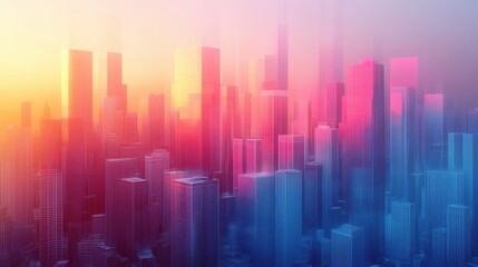 Poster - A vibrant, futuristic cityscape at sunrise, showcasing skyscrapers in shades of pink and blue, blending urban architecture with a surreal atmosphere.