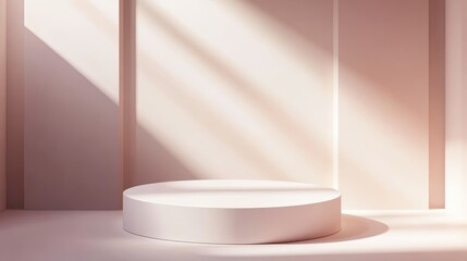 Poster - Soft sunlight filtering through window, creating dramatic shadows across pink interior, highlighting minimalist circular platform for product presentation