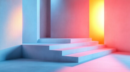 Poster - A vibrant, minimalist interior featuring blue and pink walls with illuminated sections, creating a modern, artistic atmosphere.