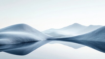 Poster - A serene landscape featuring soft, rolling snow-covered hills reflected in calm water under a pale sky.